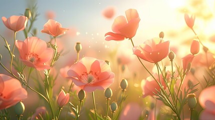 Painting with a field of blooming red poppies on the background of blue sky. Fresh spring flowers. Illustration for banner, postcard, greeting card, postcard, poster, cover or presentation. - 796981952