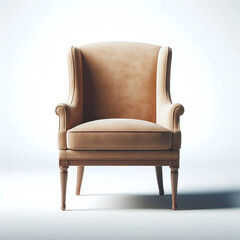 Elegant beige armchair with soft shadow against a white background, embodying a minimalist interior concept.