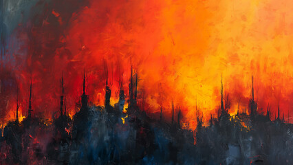 a tree line on fire as the world burns, a cloud of fire and smoke in the background