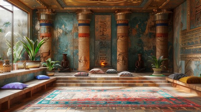 A room with a lot of pillars and a lot of plants