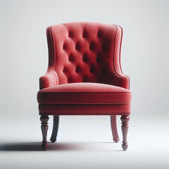 Elegant red vintage armchair with button-tufted upholstery and wooden legs on a neutral background.