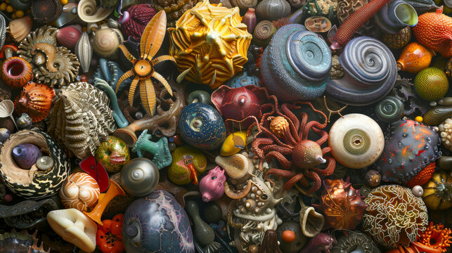 A colorful assortment of sea shells and other marine life