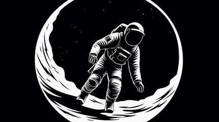 Astronaut in spacesuit in space adventure. The picture is in black and white. Illustration for cover, card, postcard, interior design or print. - 796982906
