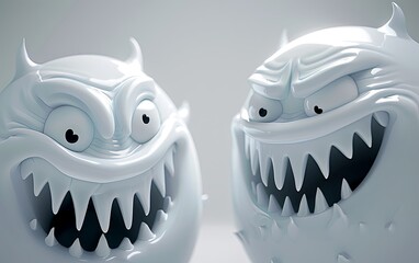 Two monsters with toothy mouths. A couple of sweetly smiling demons. Cartoon characters. Illustration for cover, card, postcard, interior design, banner, poster, brochure or presentation. - 796982957