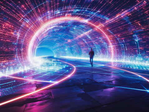 A man walks through a tunnel with neon lights