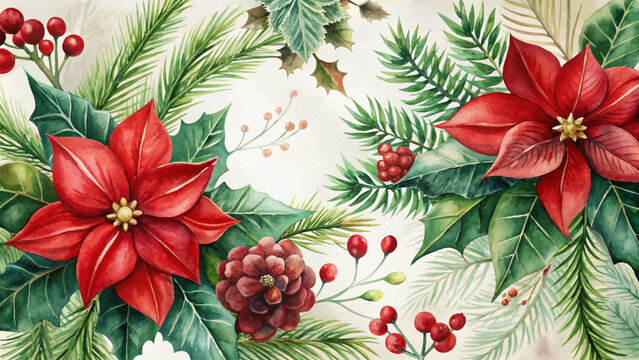 Watercolor background poinsettias pine branch