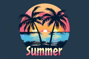palm trees and sunset, retro featuring an arch shape filled with a gradient from light pink to dark blue, with "Summer" written on it Generative AI
