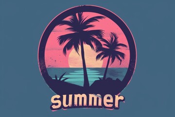 two palm trees silhouetted against the setting sun on an arch shaped background The color palette includes soft pastel pink and navy blue tones  A large text reads "summer" Generative AI