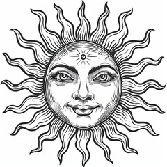 An image of the sun with a face and rays. A mystical, esoteric or occult design element. Cartoon characters in pencil drawing style. Black and white image. Illustration for cover, card, print, etc. - 796983757