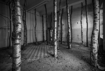 Tree trunks set up in a deserted room.
