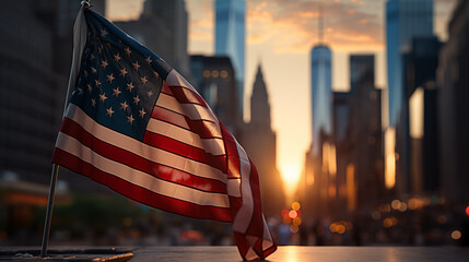 American flag on a New York city and skyscraper background