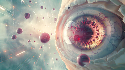 3D visualization of a human eye encompassed by strange medical panels with light rays in the background. concept art. An anatomical model showing parts such as the cornea - obrazy, fototapety, plakaty