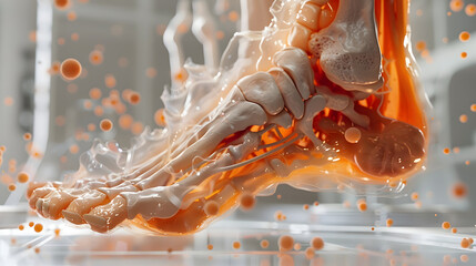 3D visualization of a human foot encompassed by strange medical screens with tendons in the background. concept art. An anatomical model showing parts such as the ankle - obrazy, fototapety, plakaty