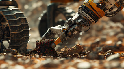 Industrial Robotic Arm Excavating Soil at a Construction Site
