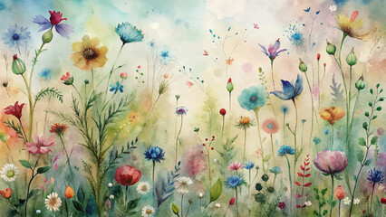 Watercolor background with whimsical wildflowers