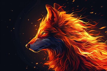 A close up of a wolf's head with fire coming out of it. A magical creature made of fire.