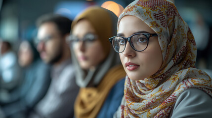 A young Malay, Arab, Indonesia muslim woman wearing glasses, dressed in modern with hijabs on their heads at the business conference with a blurred background bokeh effect.