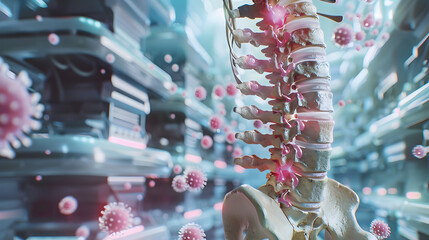 Fototapeta premium 3D visualization of a human spine surrounded by some strange medical windows and nerve signals in the background. concept art. An anatomical model showing parts such as the vertebrae