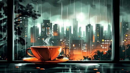Rainy Urban Evening with a Warm Cup of Coffee on Windowsill Overlooking Cityscape.