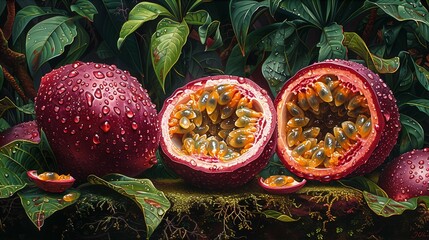 Juicy Temptation: Vibrant Passion Fruit Slice with Lush Greenery Background, generative ai