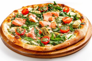 Salmon Pizza with Salmon, Seafood Flatbread with Pickled Artichokes, Arugula, Cherry Tomatoes