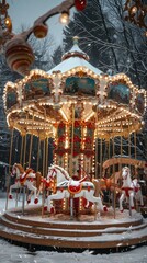 A merry-go-round with horses and lights on it