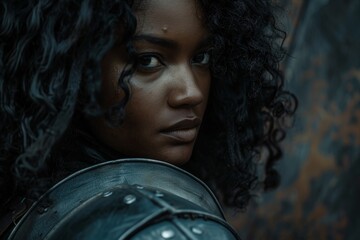 Intense portrait of a young woman with curly hair and leather jacket