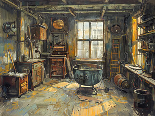A painting of a bathroom with a bathtub and a sink