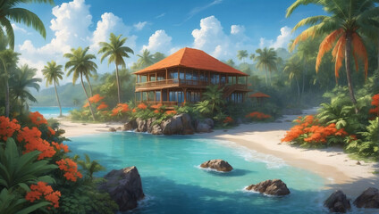 Tropical Paradise, Escape to a Lush Island Retreat, where Tones Cascade from Palm Leaf Green to Coral Reef Orange to Ocean Blue. - obrazy, fototapety, plakaty