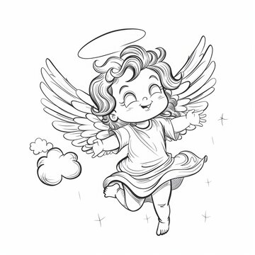 recommend clip art: Cute cartoon character angel with wings. Line drawing art