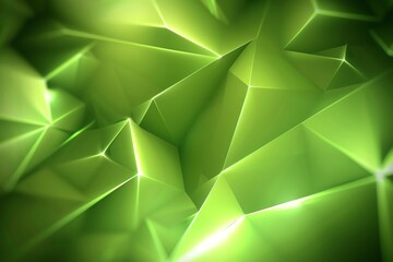 green background with a low poly design, glowing edges, light and shadow effects, blurred shapes in the center of the picture, polygonal elements, a soft green color palette, high resolution, detailed