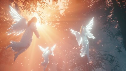 Beautiful angel with wings flying in misty enchanted forest with sunlight rays.