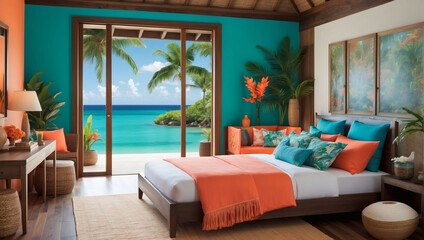Tropical Paradise, Escape to a Lush Island Retreat, where Tones Cascade from Palm Leaf Green to Coral Reef Orange to Ocean Blue. - obrazy, fototapety, plakaty