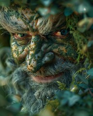 Obraz premium Mystical forest man peering through foliage
