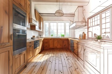 Interior design blueprint sketch transforming into real wooden country kitchen beforeafter. Concept Interior Design, Blueprint Sketch, Transformation, Wooden Country Kitchen, Before and After