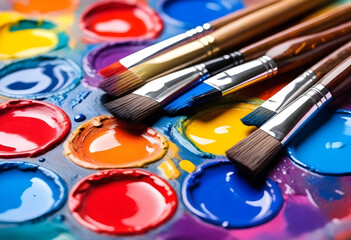 Artist's Paintbrushes, Colorful artist brushes and paint. Brushes on an artist's palette of...