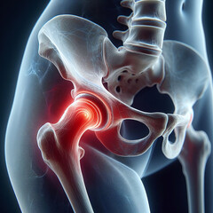 3D illustration of a human hip joint with a highlighted area indicating pain
