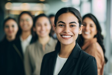 Fototapeta premium Confident young professional woman with team in background