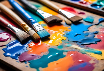 Artist's Paintbrushes, Colorful artist brushes and paint. Brushes on an artist's palette of colorful oil paint.