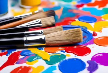 Fototapeta premium Artist's Paintbrushes, Colorful artist brushes and paint. Brushes on an artist's palette of colorful oil paint.