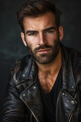 Fototapeta premium Handsome man in leather jacket posing with a serious expression