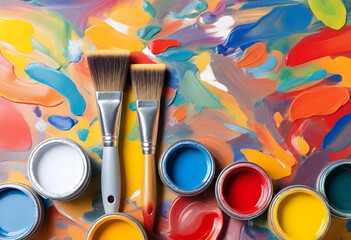 Artist's Paintbrushes, Colorful artist brushes and paint. Brushes on an artist's palette of...