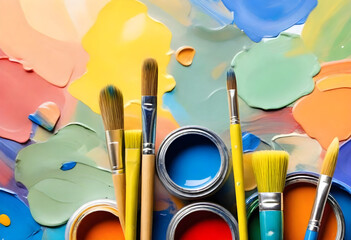 Artist's Paintbrushes, Colorful artist brushes and paint. Brushes on an artist's palette of colorful oil paint. - obrazy, fototapety, plakaty