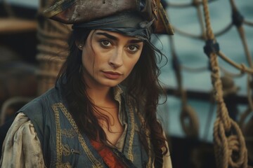Confident female pirate aboard a ship