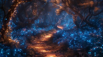 Fototapeta premium Bioluminescent Wonderland: Illuminated Trees in Enchanted Forest, generative ai