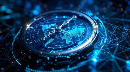 Conceptual digital compass overlaid on a glowing world map, symbolizing strategic global navigation