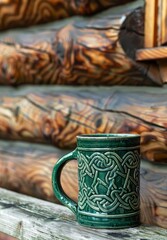 Celtic Pattern Mug on Rustic Wooden Background