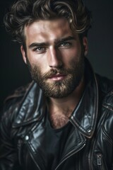 Fototapeta premium Handsome young man with beard wearing leather jacket