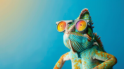 Chameleon wearing sunglasses on a solid color background 

