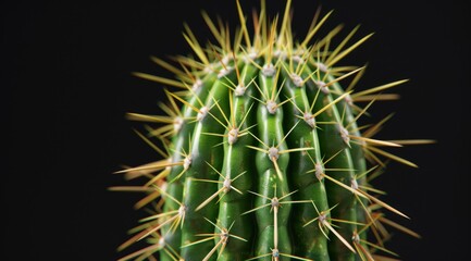 Close-up of a vibrant green cactus with sharp spines against a black background